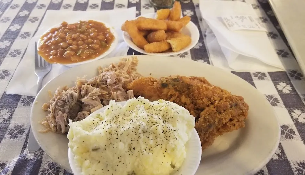 BBQ Fried Chicken Potato Salad Baked Beans SB's Hush Puppies
