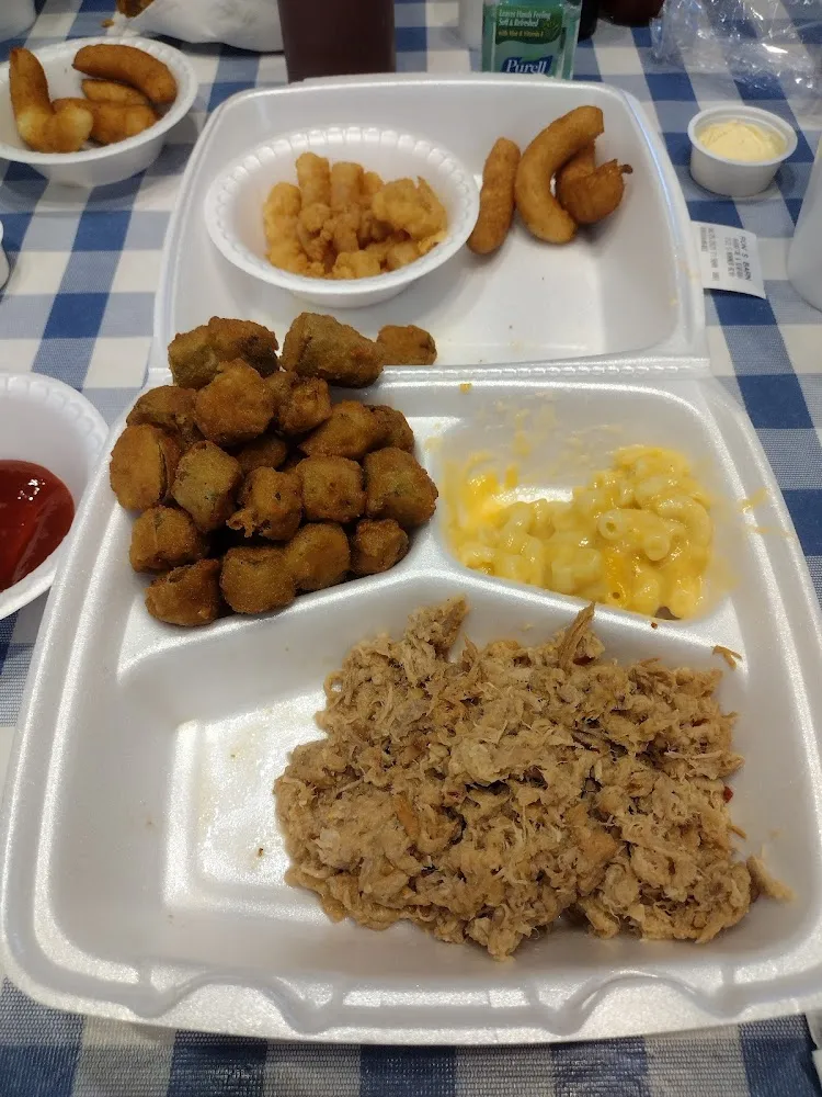 BBQ Pork & Shrimp with Fried Okra Mac & Cheese and Hush Puppies
