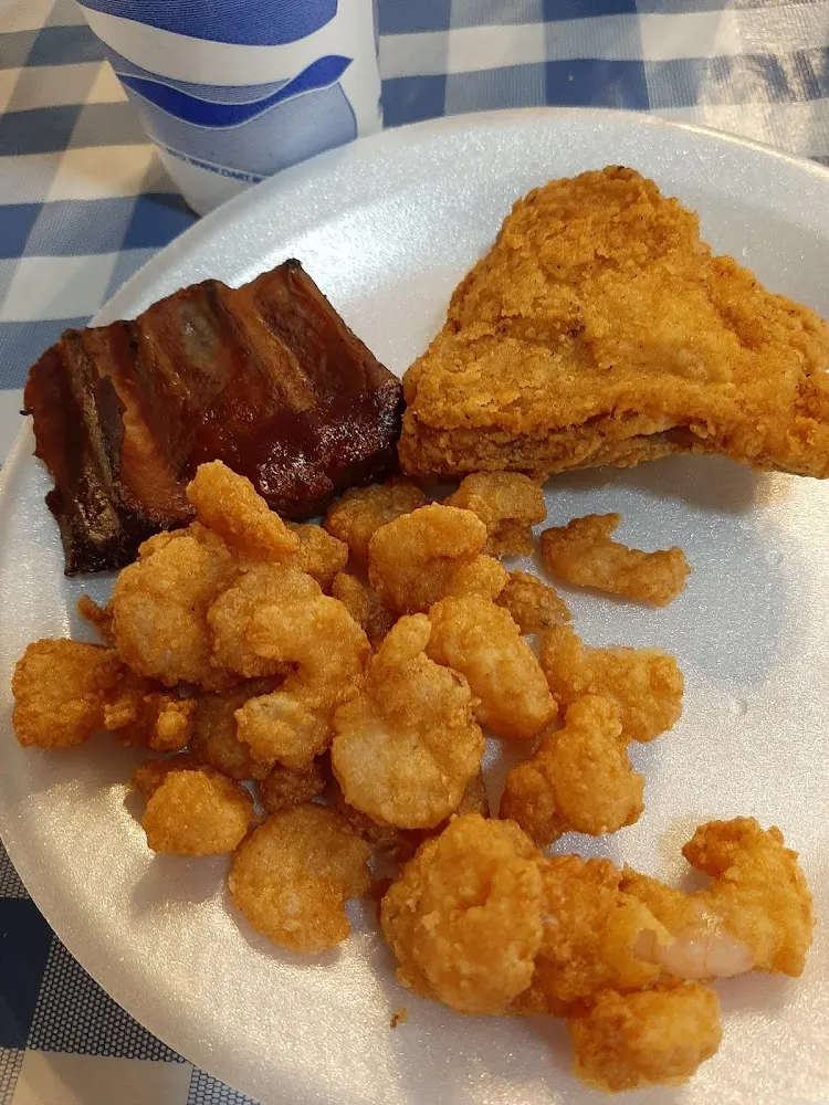Fried Shrimp Fried Chicken Thigh and Bar BQ Spare Ribs